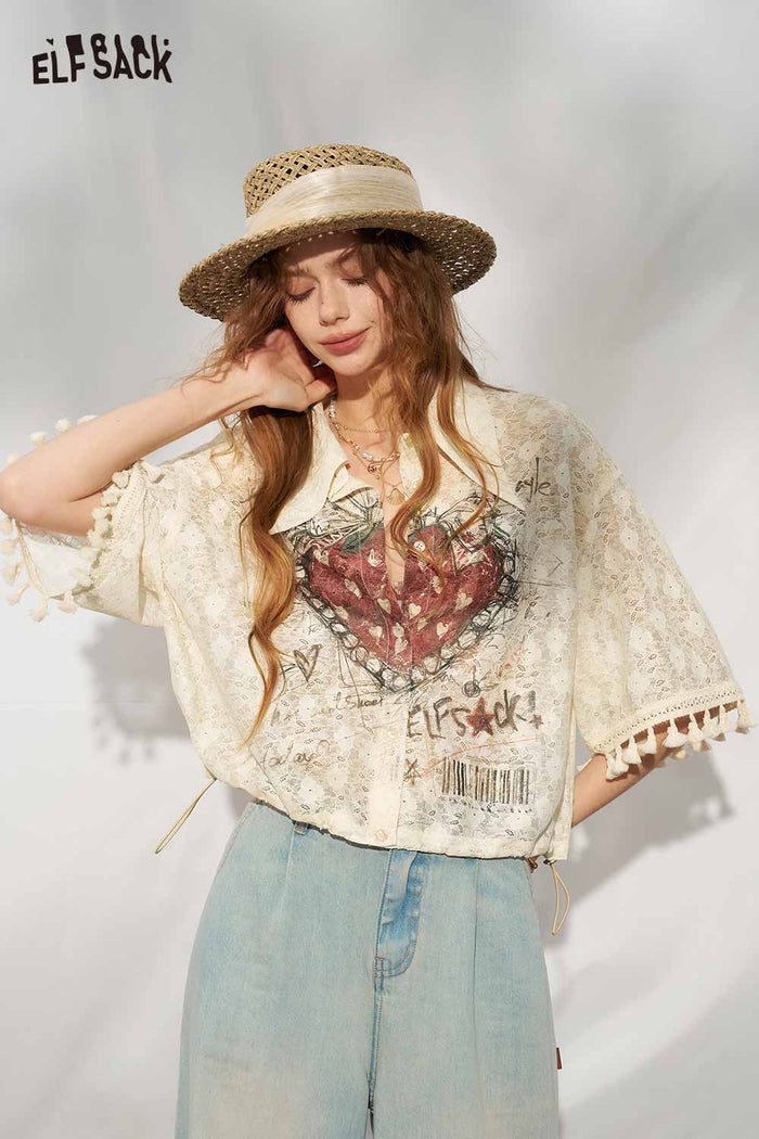 ELFSACK Strawberry Lace Tassel Gothic Cropped Blouse