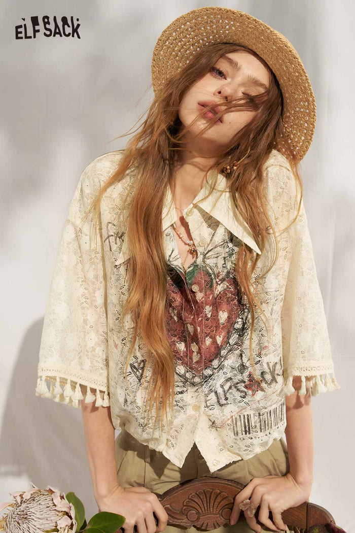 ELFSACK Strawberry Lace Tassel Gothic Cropped Blouse