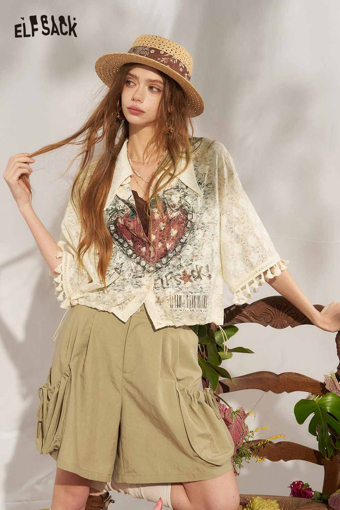 ELFSACK Strawberry Lace Tassel Gothic Cropped Blouse