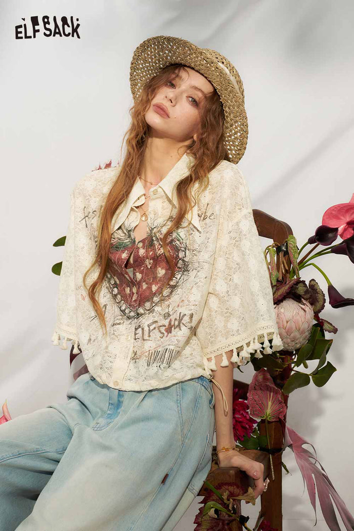 ELFSACK Strawberry Lace Tassel Gothic Cropped Blouse