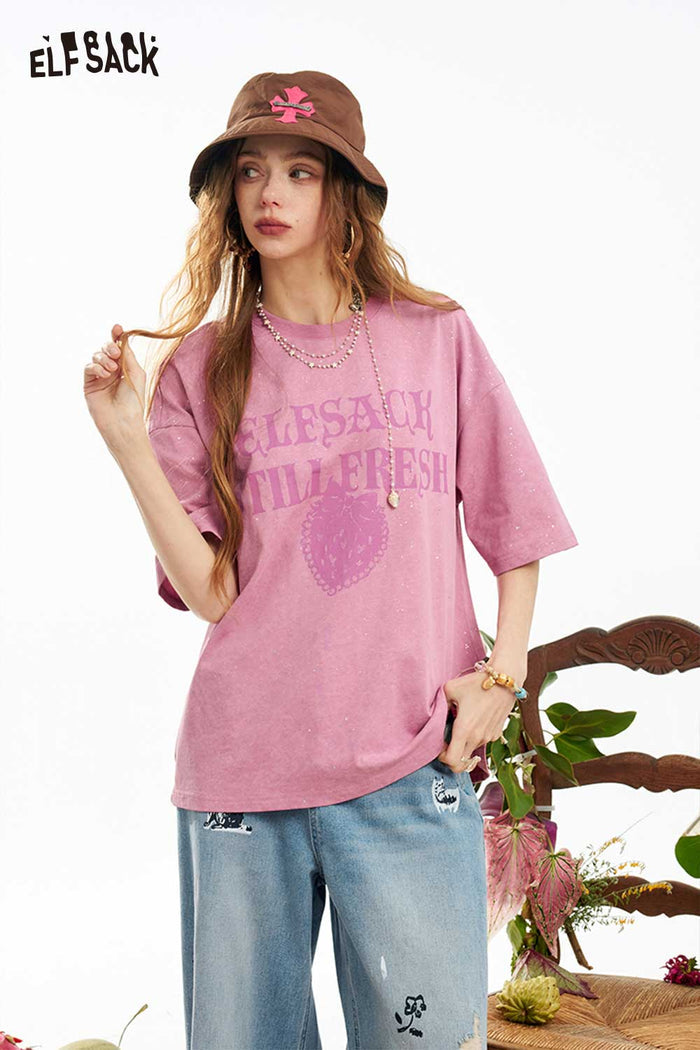 ELFSACK Strawberry Letter Wash Oversized Tee