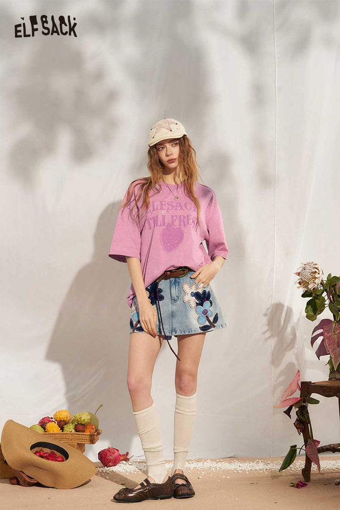 ELFSACK Strawberry Letter Wash Oversized Tee