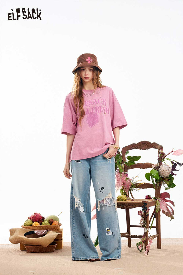 ELFSACK Strawberry Letter Wash Oversized Tee