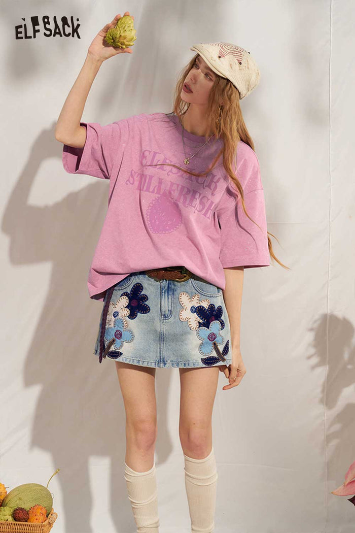 ELFSACK Strawberry Letter Wash Oversized Tee