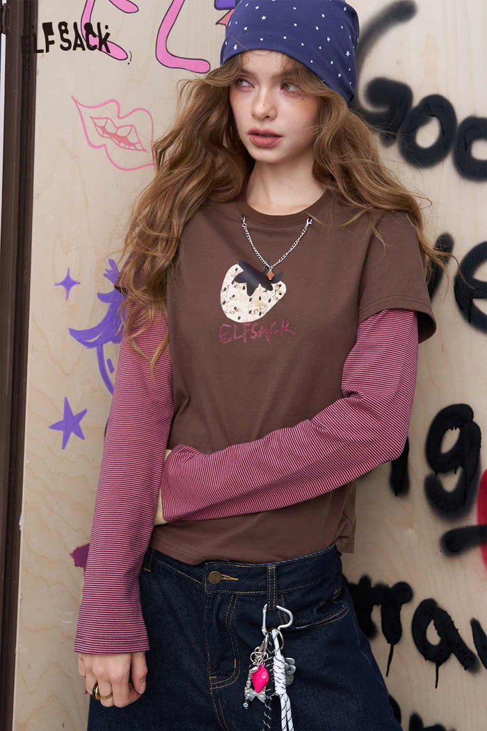 Strawberry Print Fake Two Piece Graphic Tee
