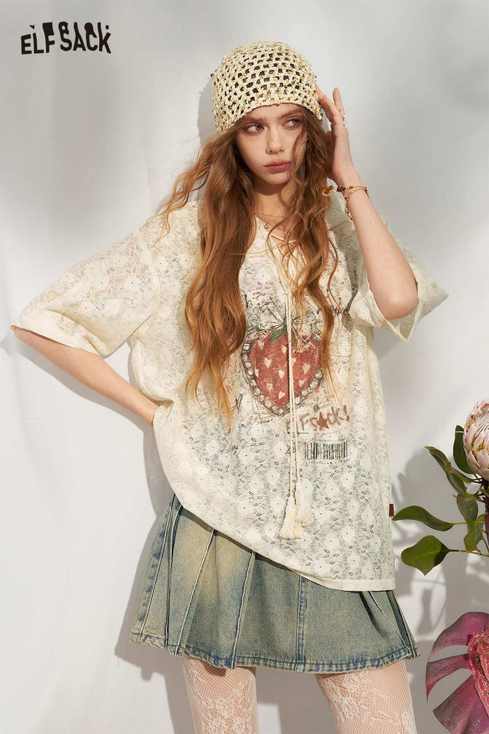 ELFSACK Strawberry Print Lace V-Neck Blouse