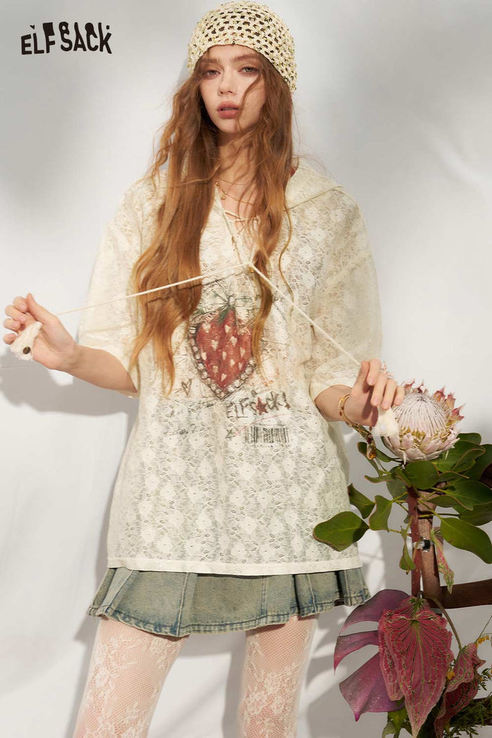 ELFSACK Strawberry Print Lace V-Neck Blouse