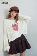 Strawberry Print Puff Sleeve Cropped Knit Top
