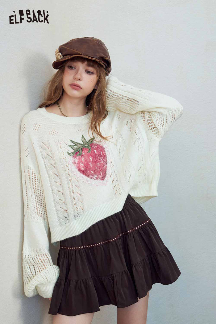 Strawberry Print Puff Sleeve Cropped Knit Top