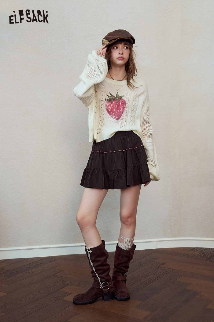 Strawberry Print Puff Sleeve Cropped Knit Top
