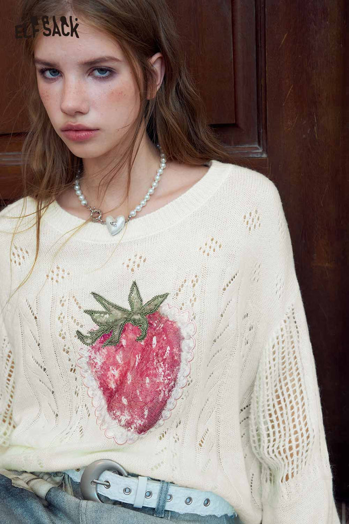 Strawberry Print Puff Sleeve Cropped Knit Top