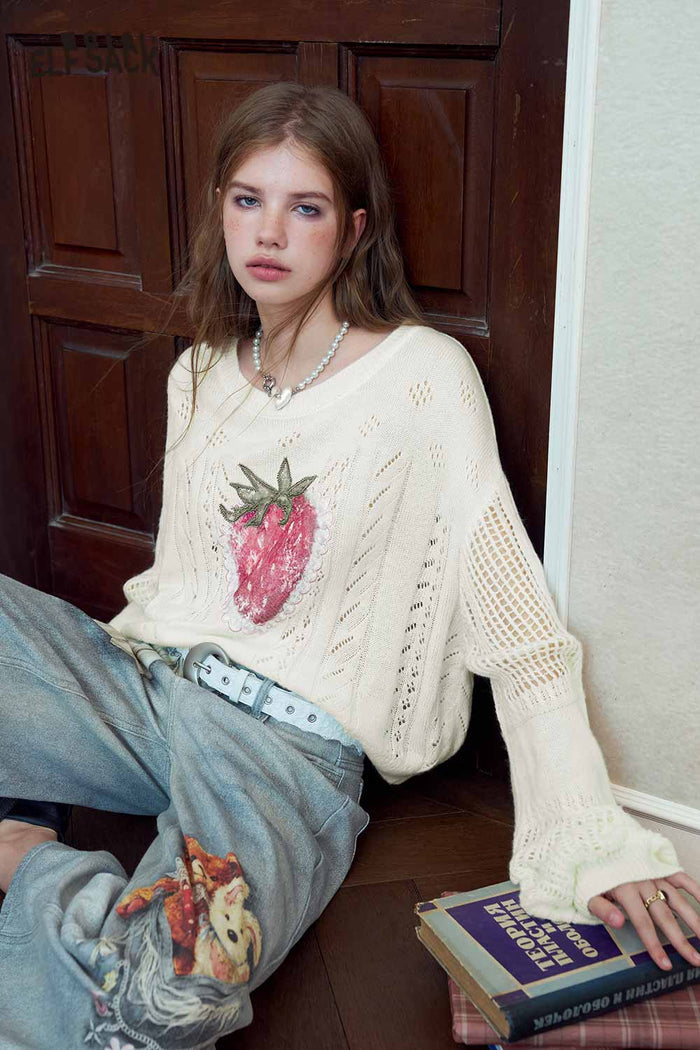 Strawberry Print Puff Sleeve Cropped Knit Top