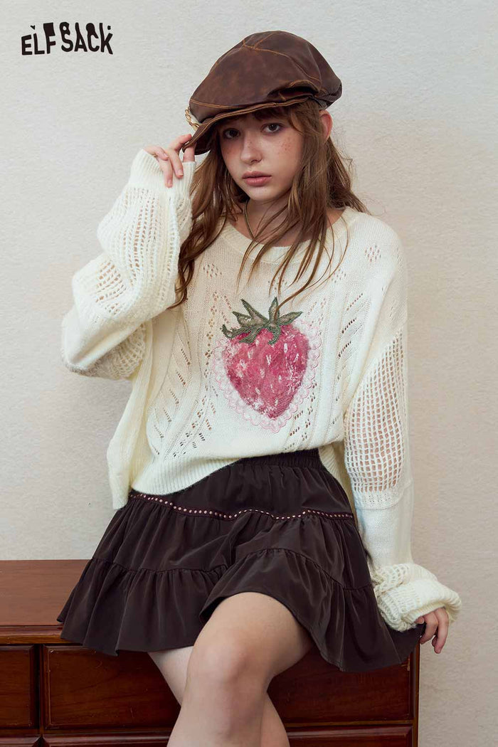 Strawberry Print Puff Sleeve Cropped Knit Top