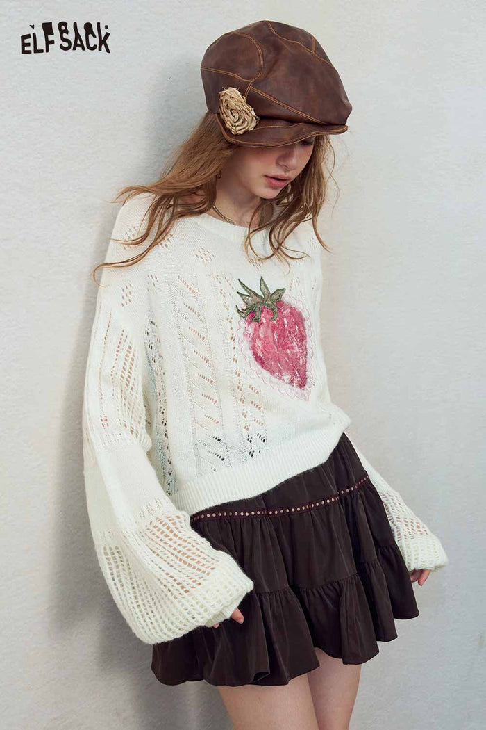Strawberry Print Puff Sleeve Cropped Knit Top