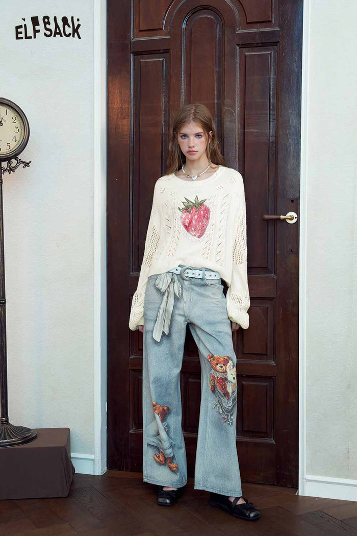Strawberry Print Puff Sleeve Cropped Knit Top
