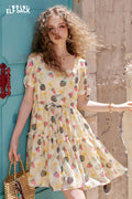 ELFSACK Strawberry Print Square Neck Chic Dress