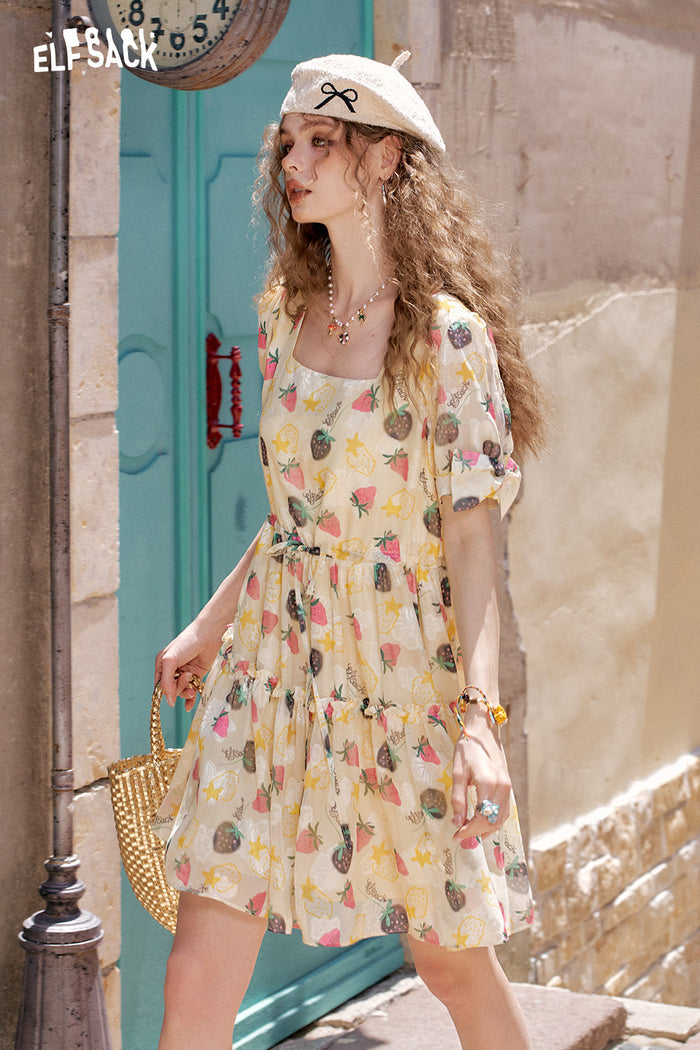 ELFSACK Strawberry Print Square Neck Chic Dress