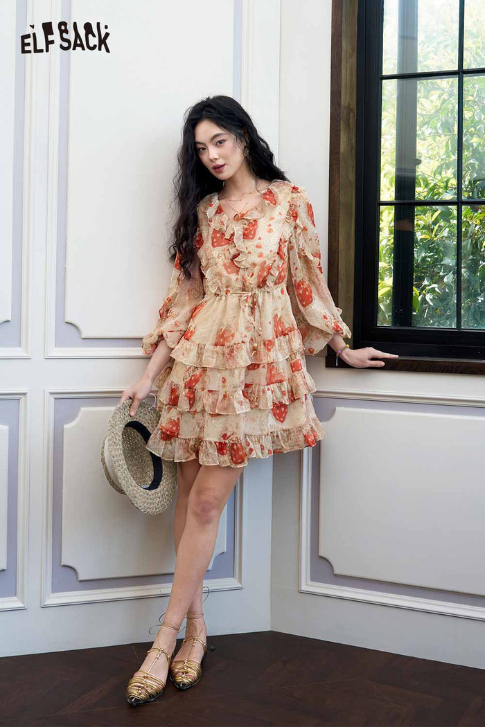ELFSACK Strawberry Ruffle Hem A-Line Midi Dress