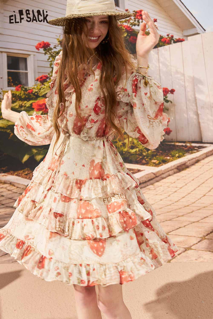 ELFSACK Strawberry Ruffle Hem A-Line Midi Dress