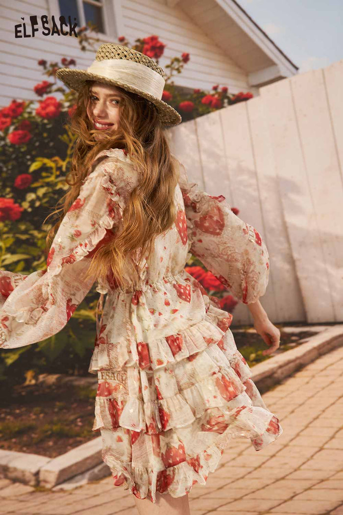 ELFSACK Strawberry Ruffle Hem A-Line Midi Dress
