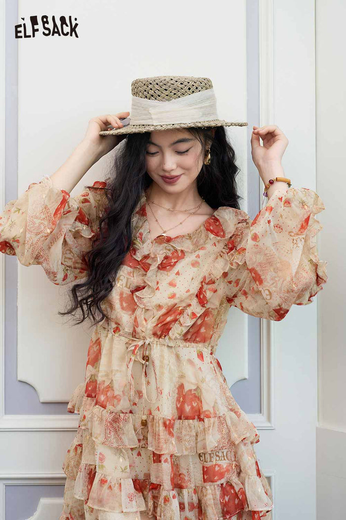 ELFSACK Strawberry Ruffle Hem A-Line Midi Dress