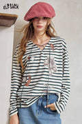 Striped Bear Graphic Long Sleeve Knit Top