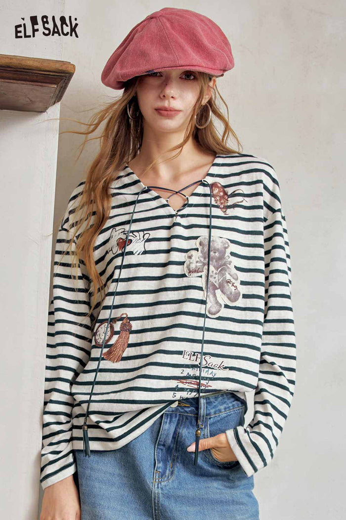 Striped Bear Graphic Long Sleeve Knit Top
