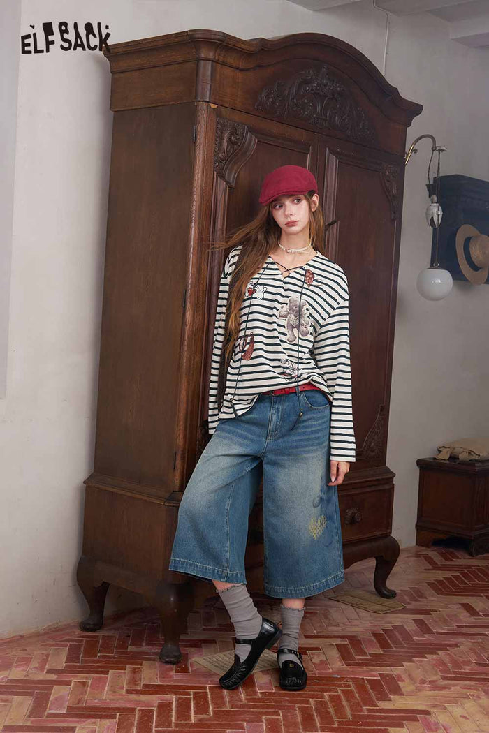 Striped Bear Graphic Long Sleeve Knit Top