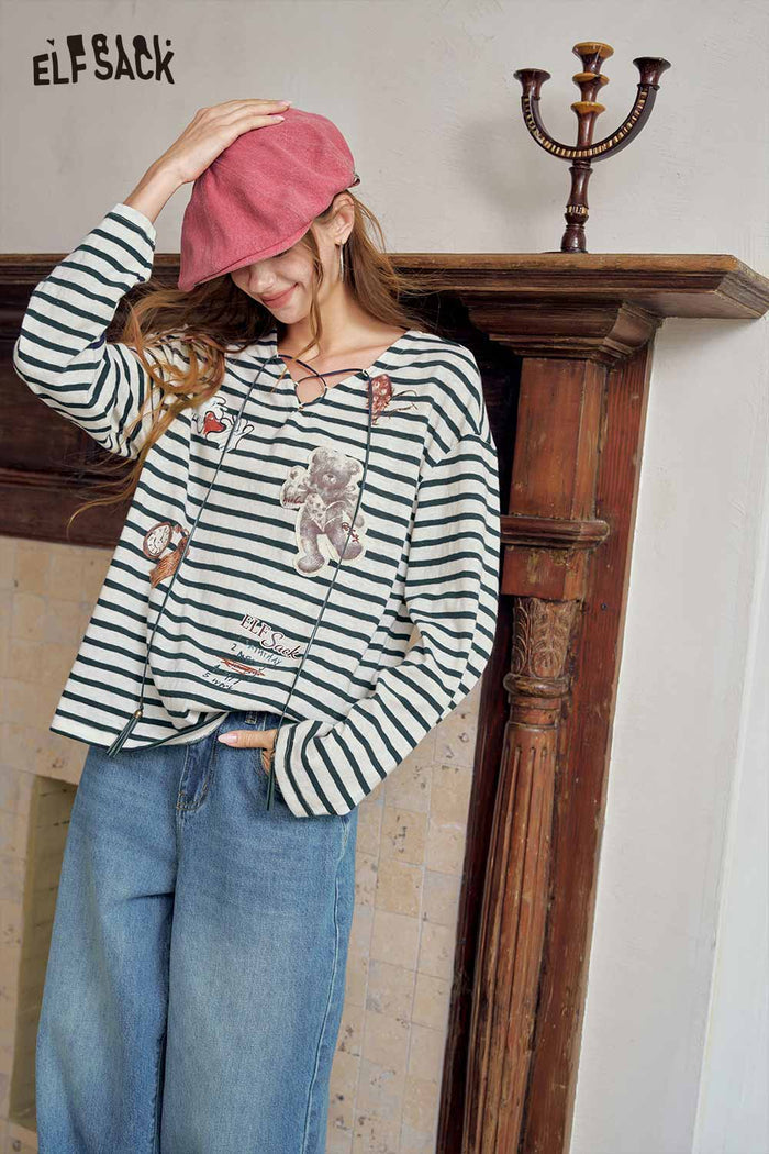 Striped Bear Graphic Long Sleeve Knit Top