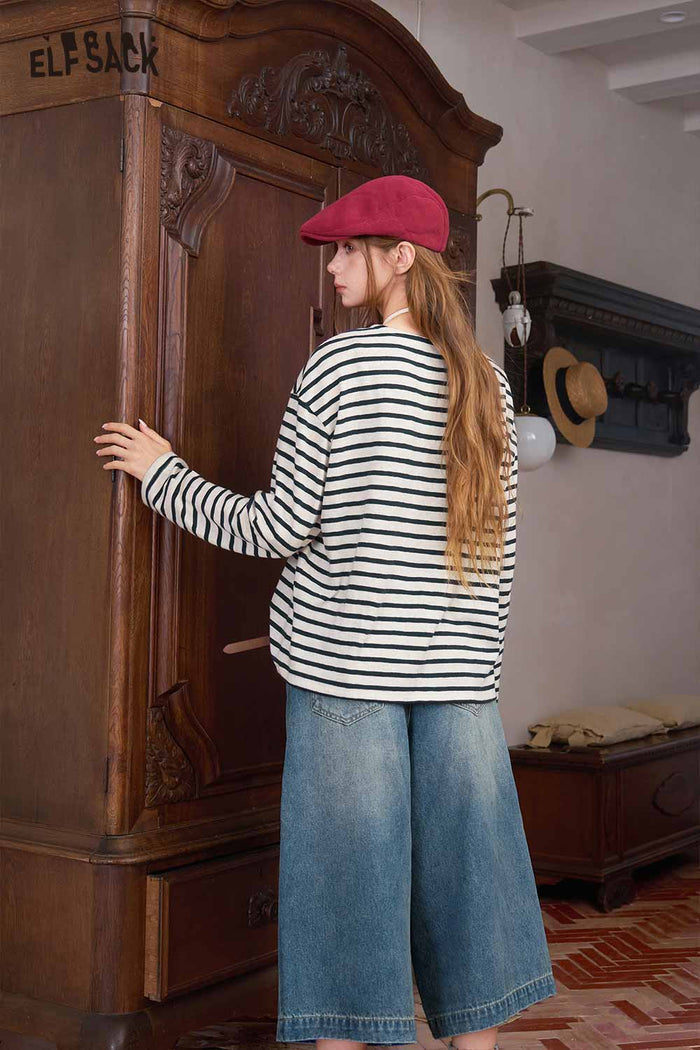 Striped Bear Graphic Long Sleeve Knit Top