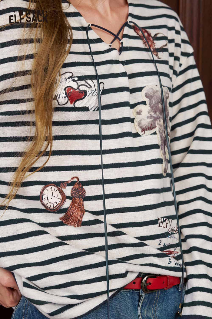 Striped Bear Graphic Long Sleeve Knit Top