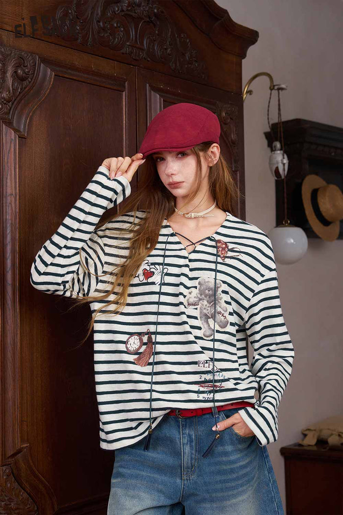 Striped Bear Graphic Long Sleeve Knit Top