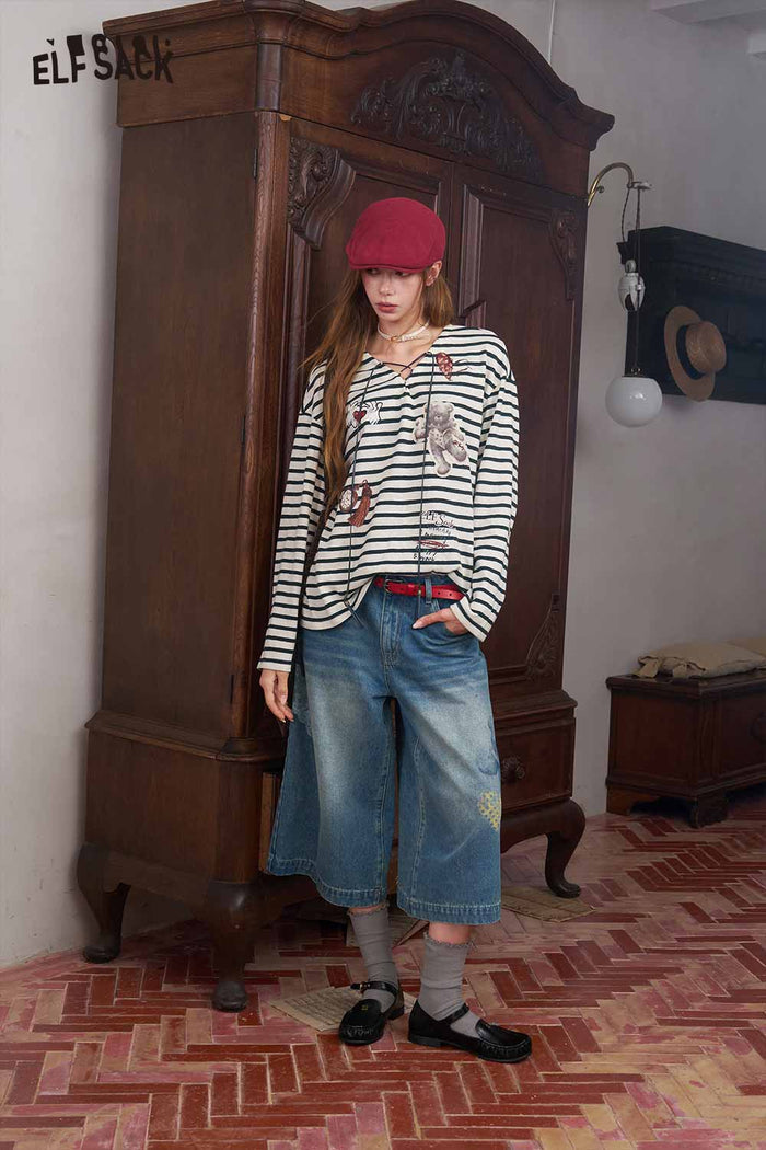 Striped Bear Graphic Long Sleeve Knit Top