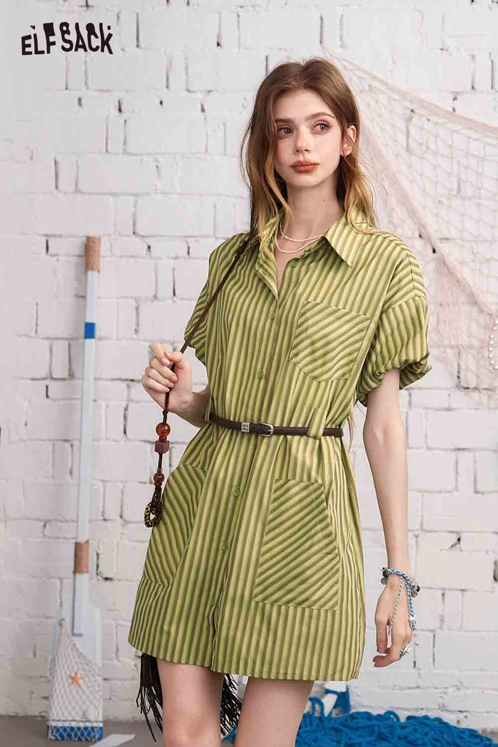 ELFSACK Striped Belted Short Sleeve Shirt Dress