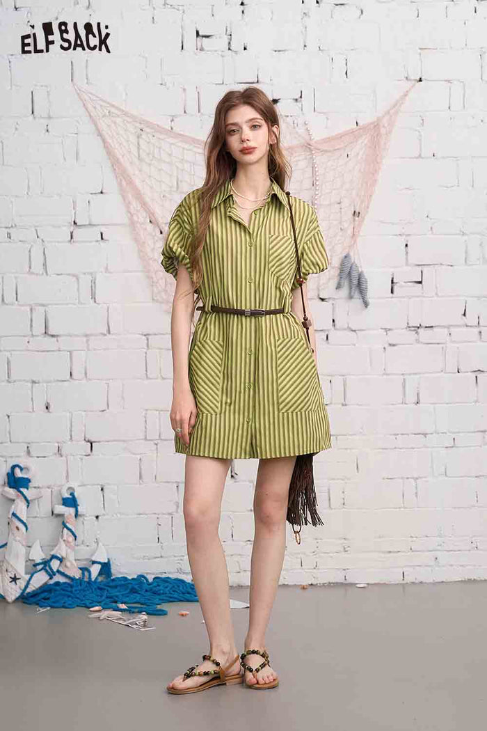 ELFSACK Striped Belted Short Sleeve Shirt Dress