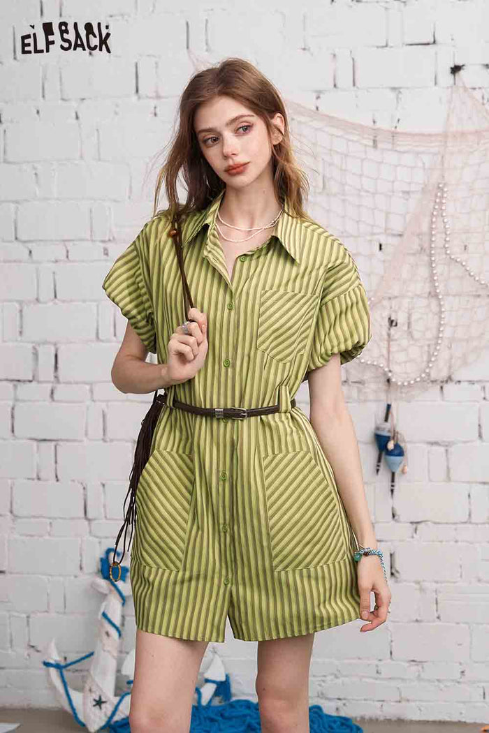 ELFSACK Striped Belted Short Sleeve Shirt Dress