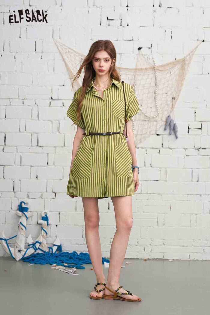 ELFSACK Striped Belted Short Sleeve Shirt Dress