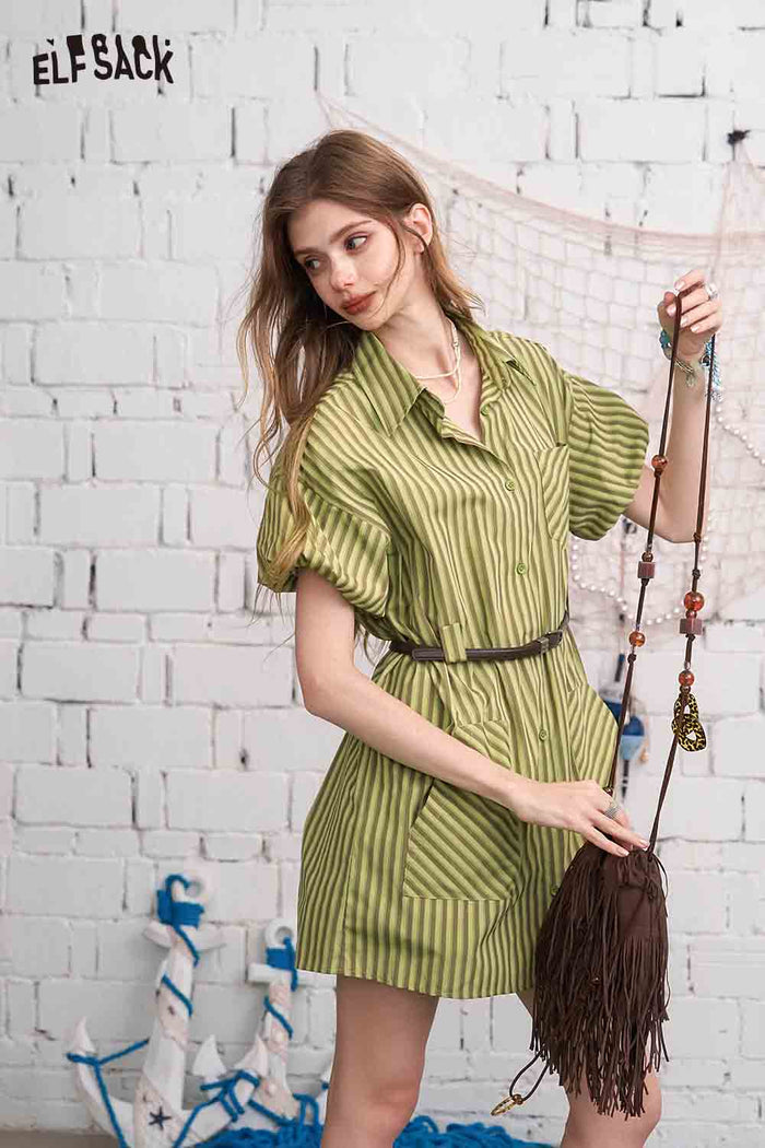 ELFSACK Striped Belted Short Sleeve Shirt Dress