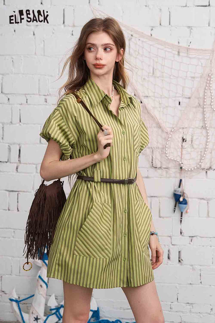 ELFSACK Striped Belted Short Sleeve Shirt Dress