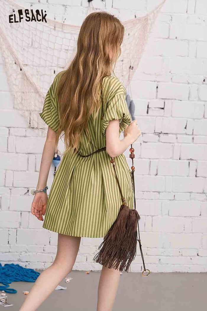 ELFSACK Striped Belted Short Sleeve Shirt Dress