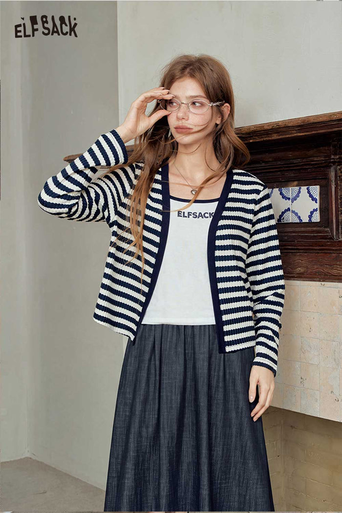 Striped Cardigan Cami Midi Skirt Set