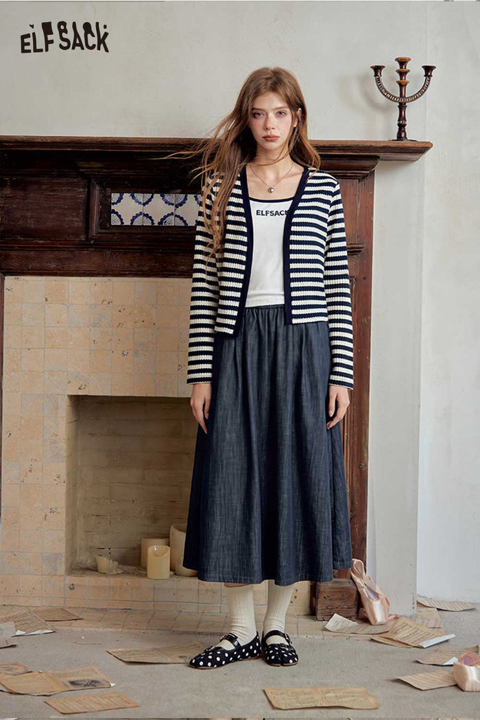Striped Cardigan Cami Midi Skirt Set