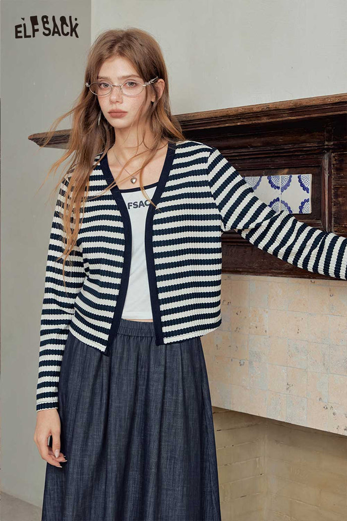 Striped Cardigan Cami Midi Skirt Set