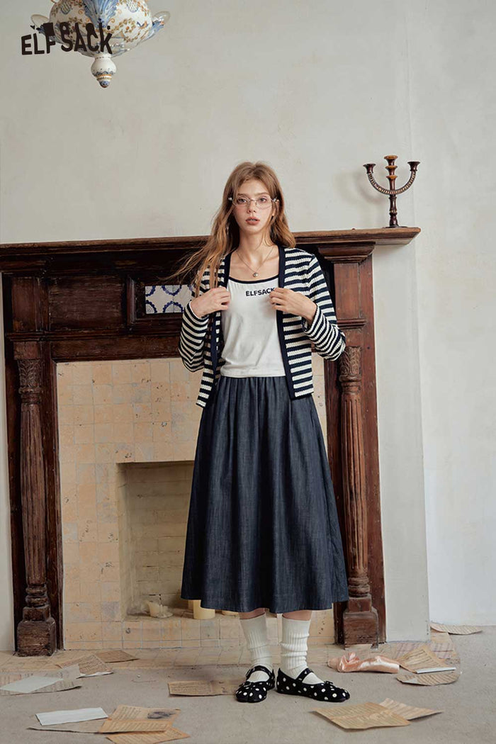 Striped Cardigan Cami Midi Skirt Set