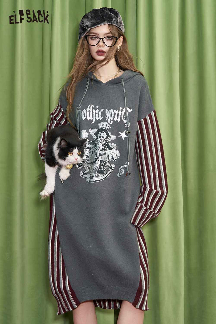 ELFSACK Striped Color Block Hooded Knit Dress