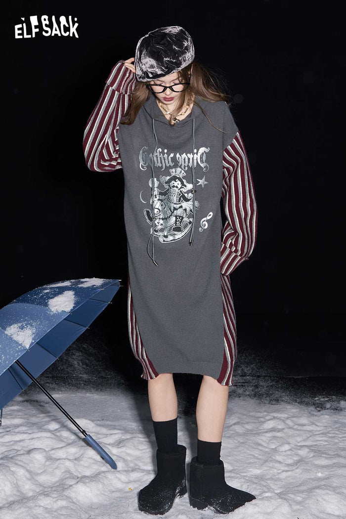ELFSACK Striped Color Block Hooded Knit Dress
