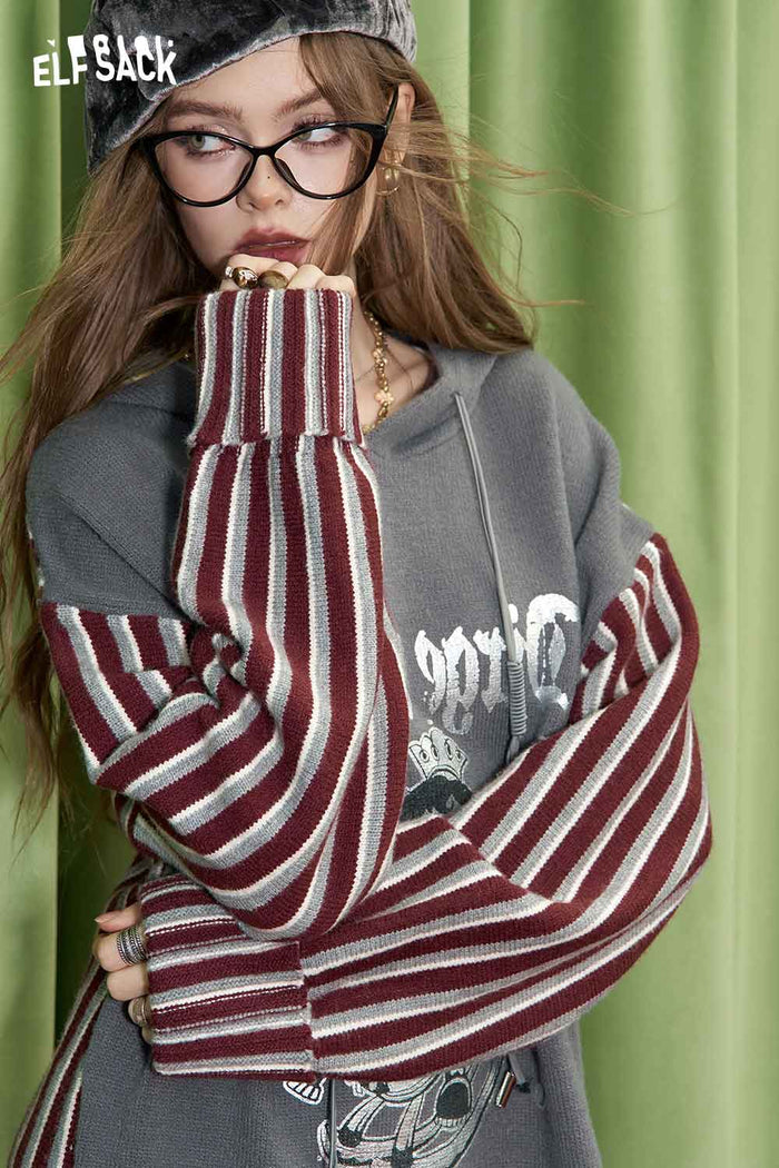 ELFSACK Striped Color Block Hooded Knit Dress