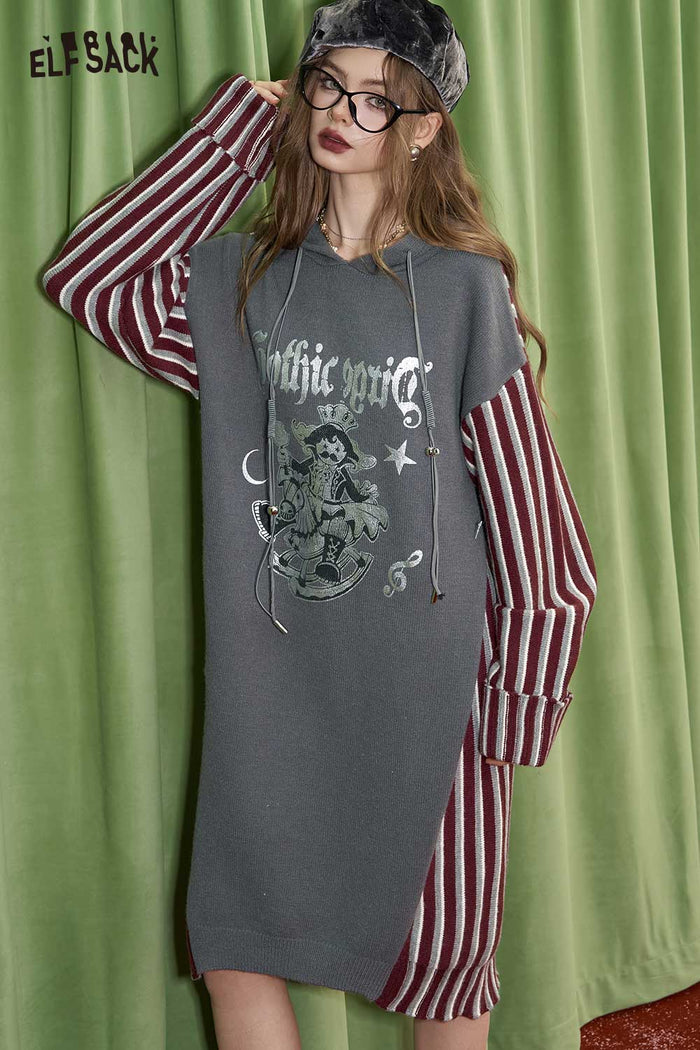 ELFSACK Striped Color Block Hooded Knit Dress