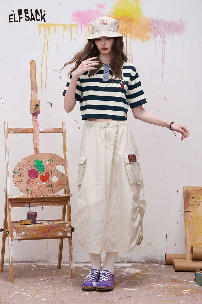 ELFSACK Striped Contrast Collar Cropped Polo