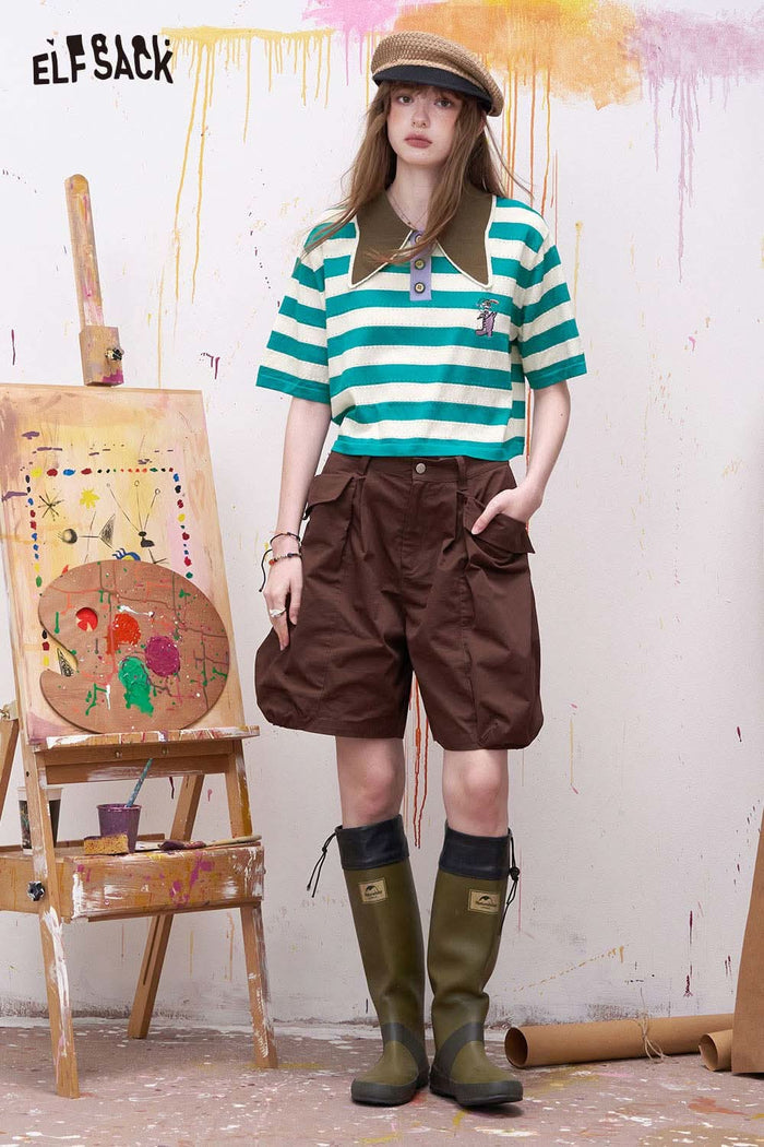 ELFSACK Striped Contrast Collar Cropped Polo